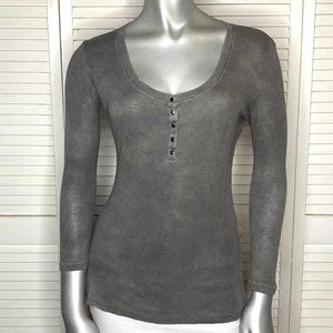 J Brand Distressed Gray Ribbed Henley Long Sleeve Micromodal & Supima Shirt XS